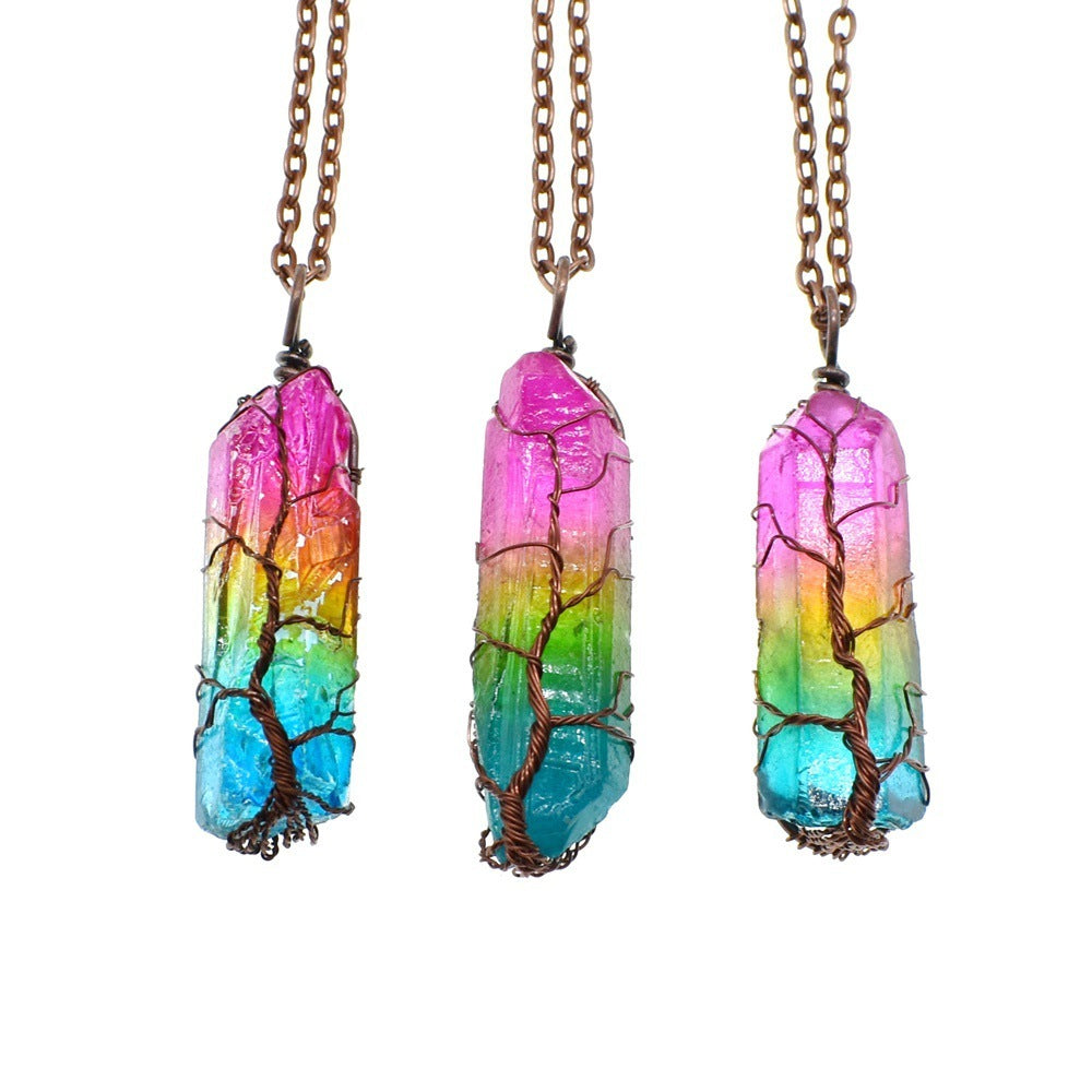 Crystal Pillar Tree Of Life Pendant Necklace